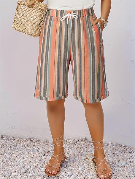 Womens Drawstring Elastic High Waist Plus Size Striped Print Summer Casual Loose Workout Lounge Shorts (Multicolor, 3X)