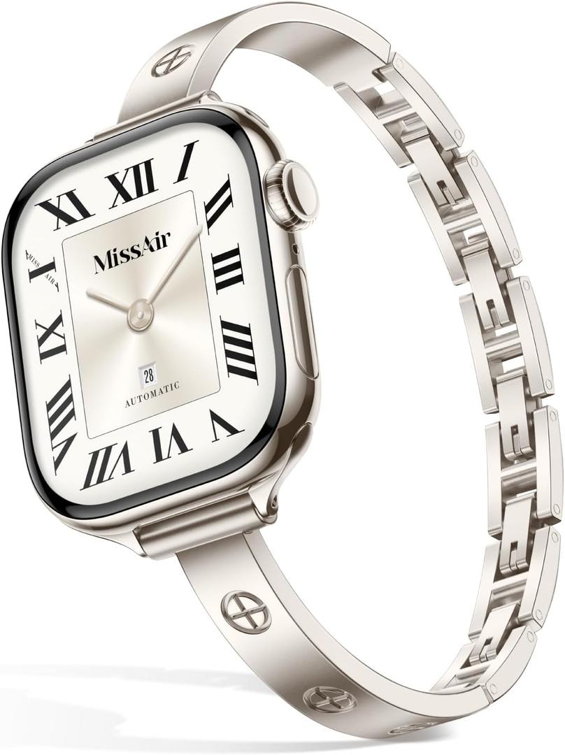 Missair Slim Bands Compatible with Apple Watch 38mm 40mm 41mm 42mm for Women, Thin Bracelet Dressy Designer Stainless Steel Metal Strap for iWatch Series 11 10 9 8 7 6 5 4 SE Ultra (Starlight), Size: 38 / 40 / 41 / 42mm