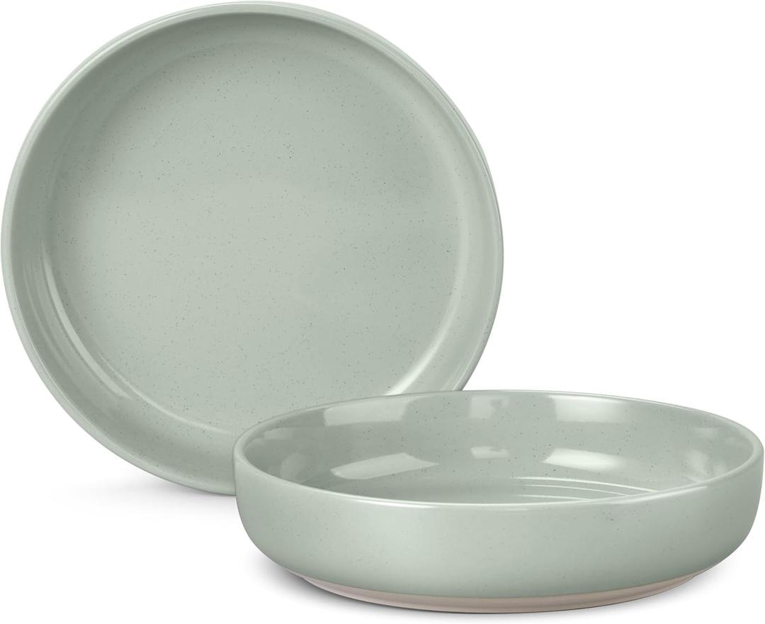 LIANYU Pasta Bowls Set of 2, 33oz Large Stoneware Salad Serving Bowls, Round and Wide Pasta Plates for Dinner, Dishwasher & Microwave Safe, Fog Green