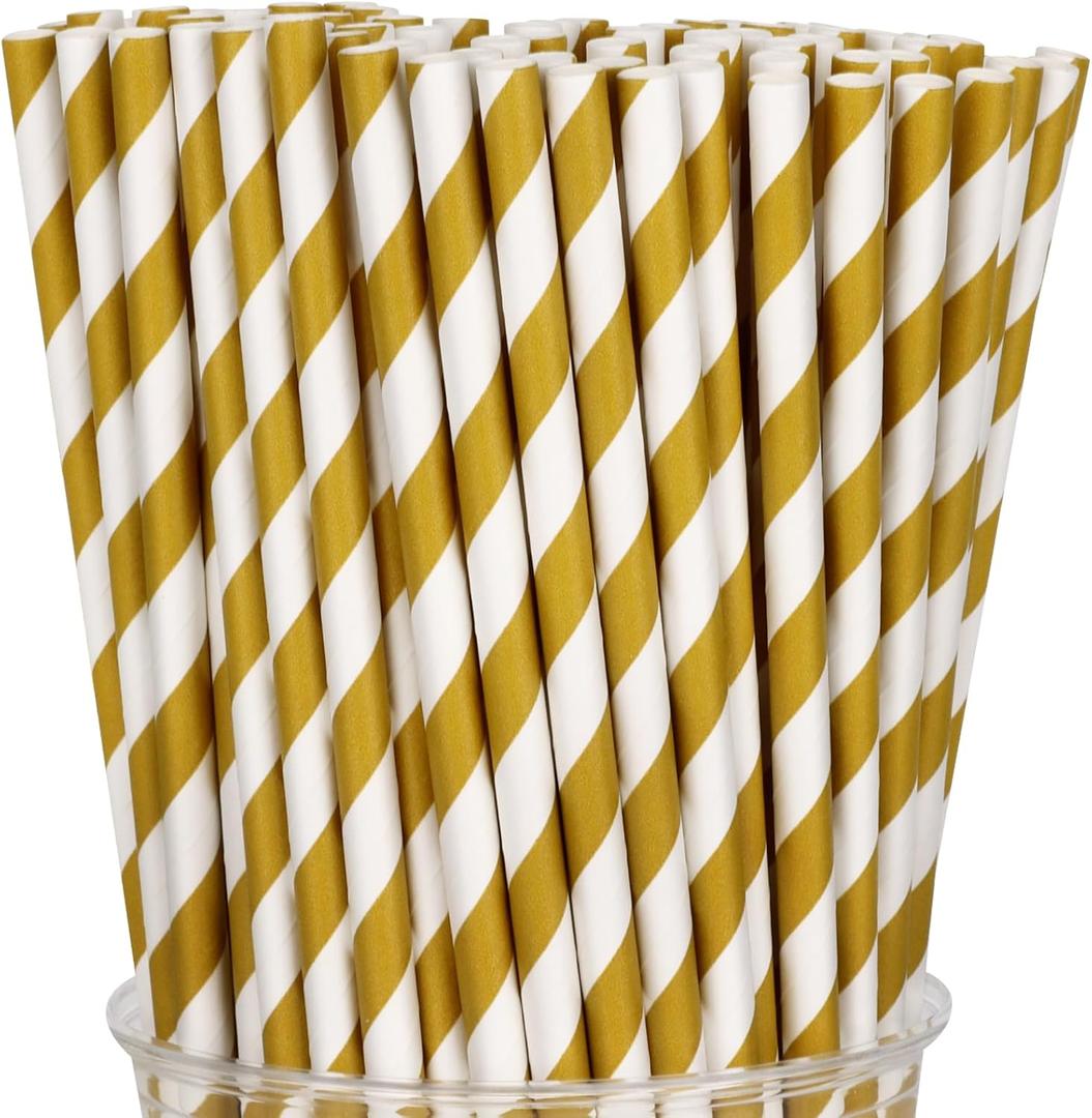 100 Packs Brown Biodegradable Striped Paper Straws, Disposable Drinking Straws for Birthday Carnival Summer Pool Party Wedding Baby Shower Halloween Christmas Party Decoration Supplies