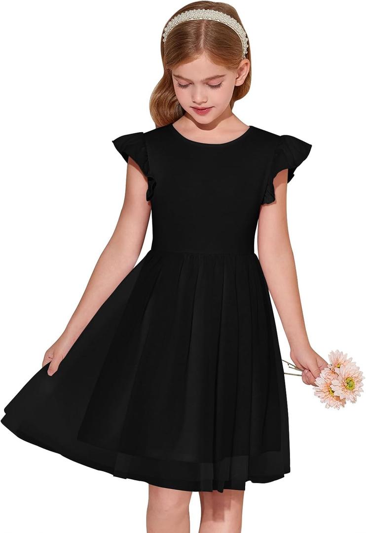 Haloumoning Girls Tutu Dress Ruffle Short Sleeve Fluffy Summer Party Tulle Dress for Kids 5-14Y (9-10 Years, Black)