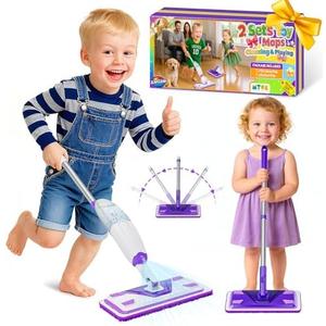 ILAVCLEAN 2 Set Toy Mop for Kids - Toddler Real Spray Flat Floor Mop Montessori Cleaning Toy Set, Educational and Fun Gifts for Boys and Girls Ages 4+