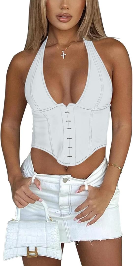 REORIA Women's Summer Sexy Halter V Neck Sleeveless Backless Trendy Y2k Going Out Corset Tank Crop Tops (Medium, White)