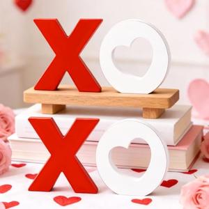 4pcs Valentines Day Decor Wooden XOXO Tabletop Red and White Valentines Tiered Tray Decorations for Home, Table, Shelf, Mantel, Fireplace and Wedding