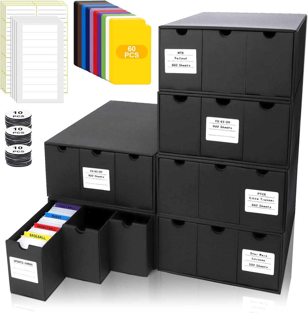 Trading Card Storage Box, Includes 18-600 CT Boxes & 60 Card Dividers, Trading Card Organizer for Collectible Card Games, for TCG, YGO, MTG, PTCG, Baseball Cards, with Labels & Tapes