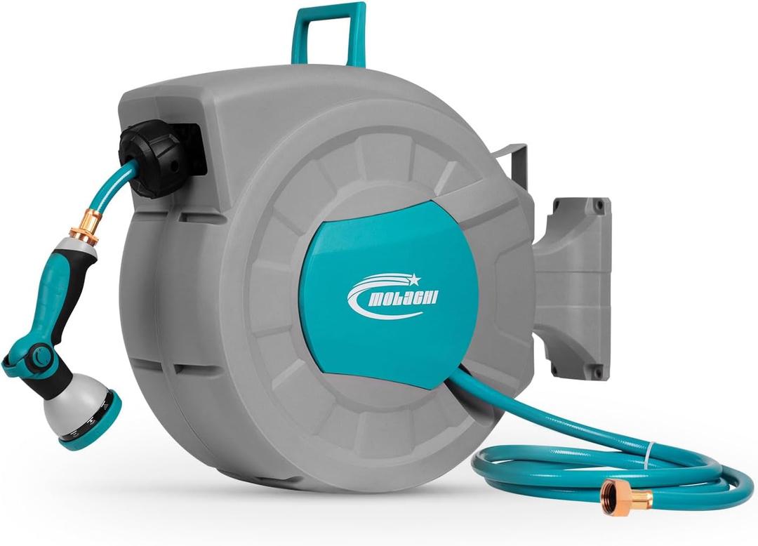 MOLACHI Retractable Garden Hose Reel, 1/2 Inch x 100 ft Wall Mounted Hose Reel, with 9- Function Sprayer Nozzle, Any Length Lock, Return System and 180 Deg Swivel Bracket