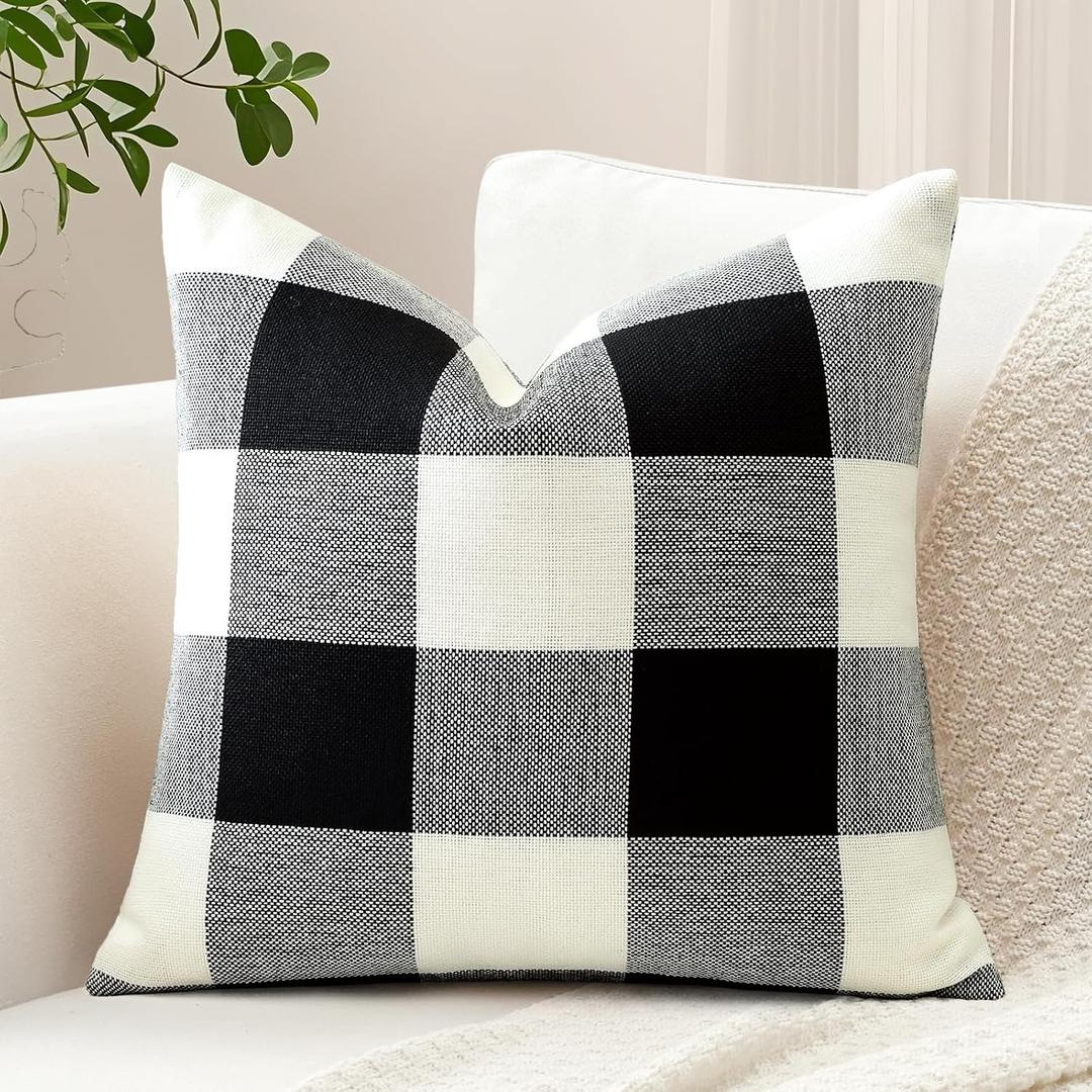 OTOSTAR Buffalo Check Decorative Throw Pillow Cover Outdoor Farmhouse Rustic Linen Plaid Square Pillow Cushion Case for Sofa Couch Bed Patio Home Decor 20x20 Inches, Black
