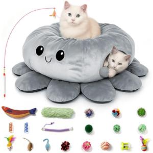 Cat Tunnel Bed for Indoor Cats, Peekaboo Cat Cave Bed with 20 Pcs Cat Toys, Soft Cat Donut Tunnel for Kitten Large Cats, Grey Octopus