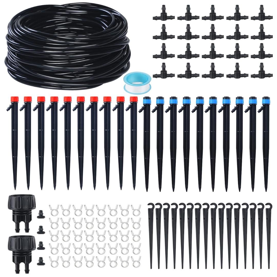 115FT Drip Irrigation System Kit, Automatic DIY Watering Misting System for Raised Bed, Greenhouse, Yard, Lawn, Plants with 50Pcs Drip Support Stakes, 1/4'' Tubing, Drip Emitters, Connectors