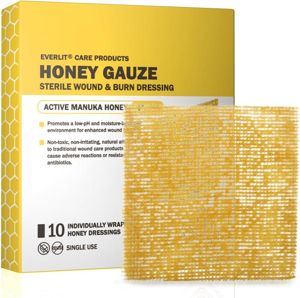 EVERLIT CARE Manuka Honey Dressing | Sterile Non-Adhesive Pads with Unadulterated Medical-Grade Honey | Advanced Healing for Burn, Chronic Wound, Donor Sites, Pressure & Diabetic Ulcer (4" Gauze)