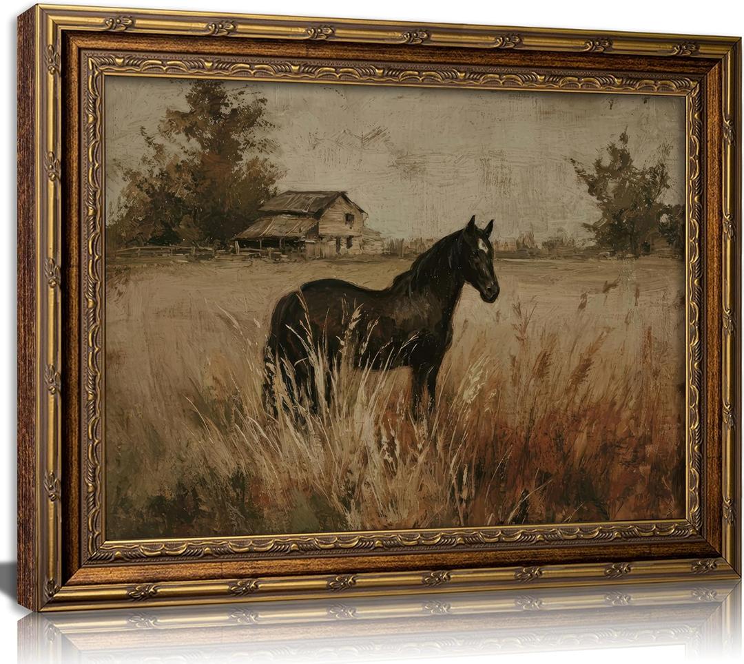 Vintage Gold Framed Horse Canvas Wall Art, Retro Rustic Farmhouse Animal Painting Picture Wall Decor, French Country Pastoral Landscape Equestrian Poster Print Artwork, for Home Living Bedroom,, 24"L x 16"W