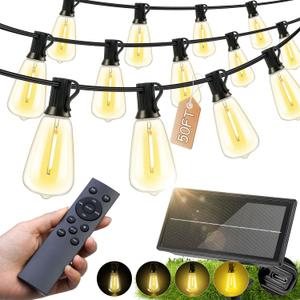 Solar Lights Outdoor Waterproof: ST38 50FT 15M Shatterproof Bulbs Patio Lights - Solar Powered & USB Charging- Remote Control 3 Light Modes Dimmable Solar Light - Camping Backyard Garden