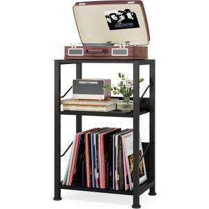 Hosfais 3 Tier Record Player Stand, Retro Vinyl Record Storage End Table Records for Living Room Bedroom (Black)