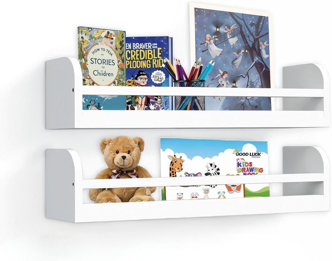 Floating Nursery Book Shelves, 16.5 inch Wall Book Shelves Kids Room, Set of 2 Baby Shelves for Nursery Decor, Ideal Wooden Nursery Shelves for Teens Kids Room, Bedroom Bathroom and Kitchen (White)