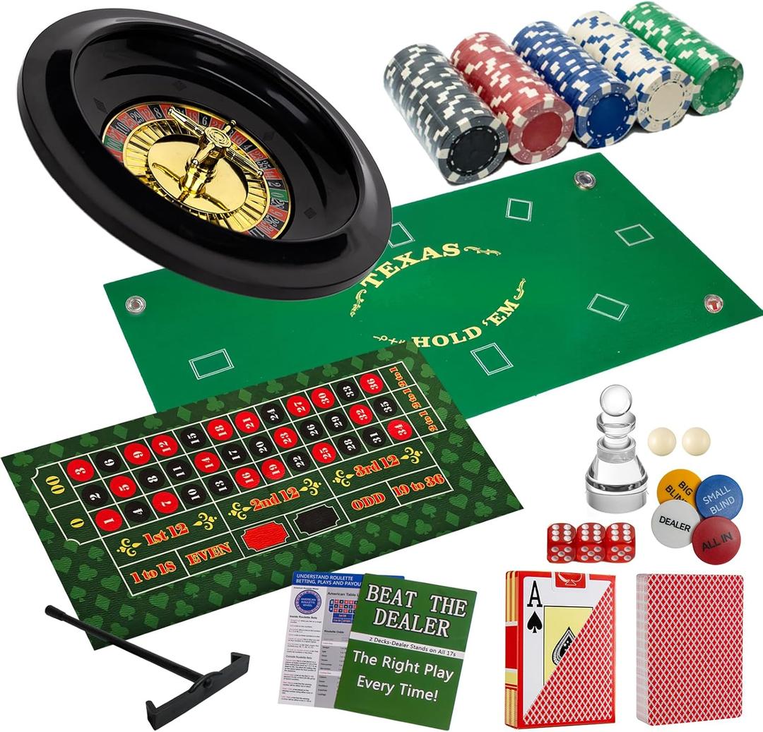 5 in 1 Casino Game Pro Set: 125 Pro Poker Chip, Blackjack+Roulette Wheel+Craps+Texas Holdem+Poker Gaming Kit with Table Game Mat+Playing Card+Dice+Casino Accessory for Party