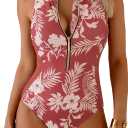 Aidonger Women's Athletic Rash Guard One Piece Swimsuit Zipper Mock Neck Bathing Suit Slimming Racerback Swimwear. L Size