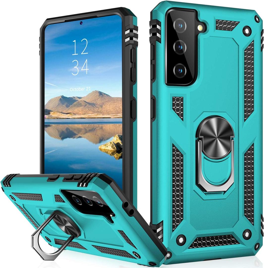 IKAZZ for Galaxy S21 Case, Military Grade Shockproof Heavy Duty Protective Phone Cover Pass 16ft Drop Test with Magnetic Kickstand Car Mount Holder Turquoise