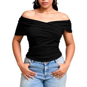 Women's Plus Size Off The Shoulder Tops Ruched Wrap Short Sleeve Going Out T Shirts 3XL