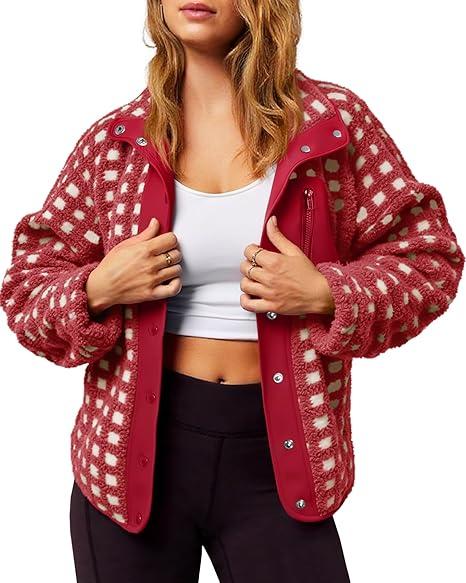 Tankaneo Womens Fleece Sherpa Jacket Fuzzy Checkered Button Down Stand Collar Jacket Winter Warm Outerwear, Medium