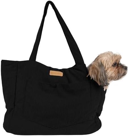 NoblePup Corduroy Dog Carrier - Lightweight Cotton Soft-Sided Pet Tote with Safety Harness Clip - Breathable Travel Carrier for Small Dogs and Puppies (Black)