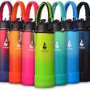 Farsea Insulated Water Bottle With Paracord Handle, Protective Silicone Boot and 2 Lids (Straw Lid & Spout Lid), Stainless Steel Water Bottle Wide Mouth, Double Wall Sweat-Proof BPA-Free, 24 oz (Neon)