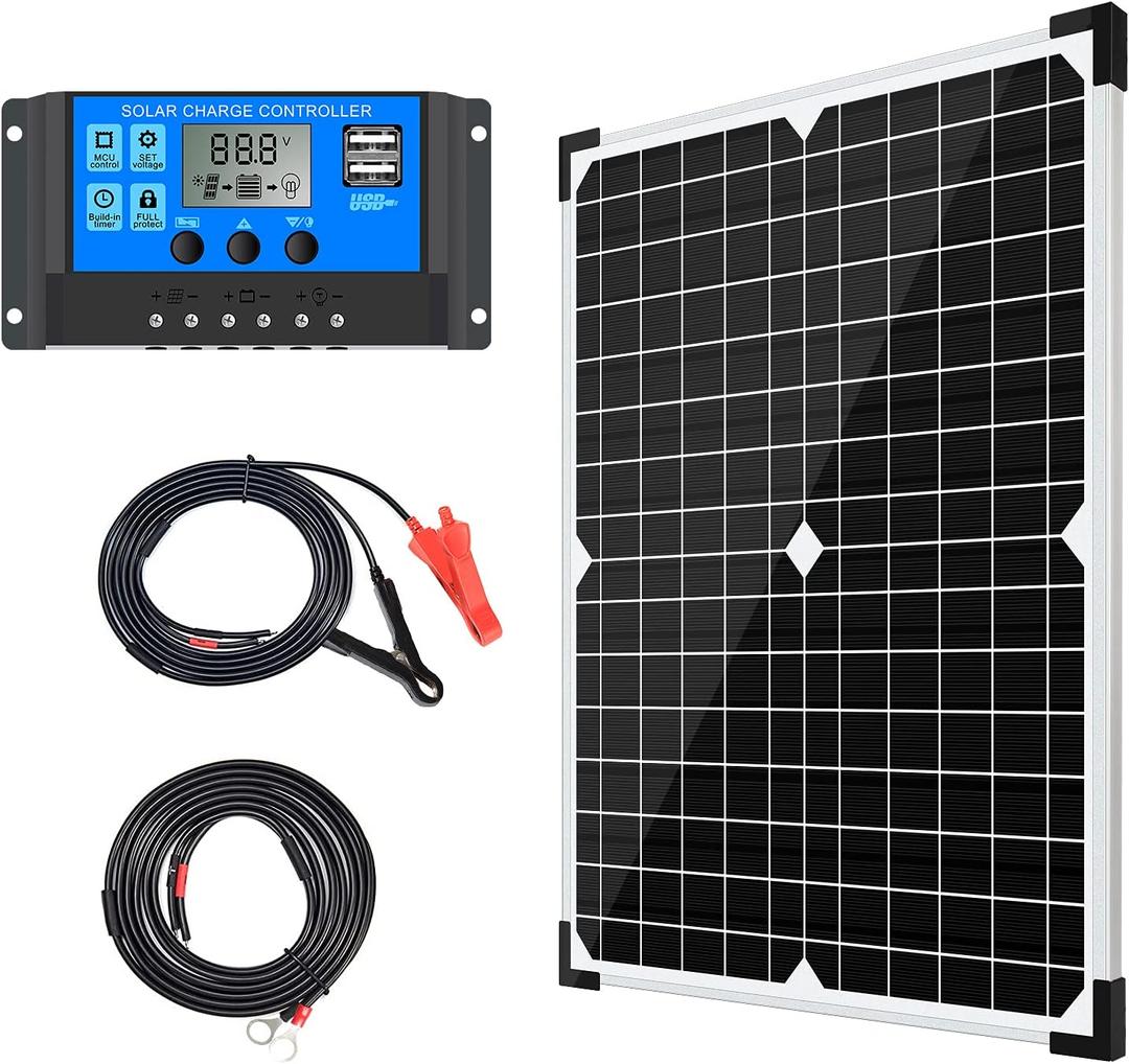 Solar Panel Kit 20W 12V Monocrystalline,Battery Maintainer +10A Solar Charge Controller + Extension Cable with Battery Clips O-Ring Terminal for RV Marine Boat Off Grid System