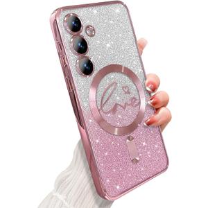 for Samsung Galaxy S24 Case Magnetic,for Women Girl Soft Cute Luxury Love Heart Plating Bling Glitter Gradient Clear Phone Case Compatible with MagSafe Shockproof Back Cover 6.1-Pink
