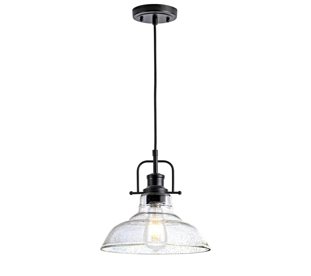 Glass Pendant Light，Black Pendant Light Fixtures with Seeded Glass Shade, Adjustable Height Hanging Lights for Hallway, Kitchen Island, Dinning Room（Bulb not Included）