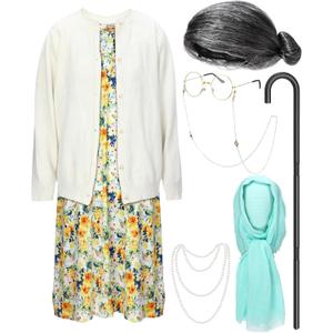 7 Pcs Halloween Old Lady Costume for Women Adult Grandma Costume Outfit Dress Granny Sweater Nightgown Wig (Medium, Yellow)