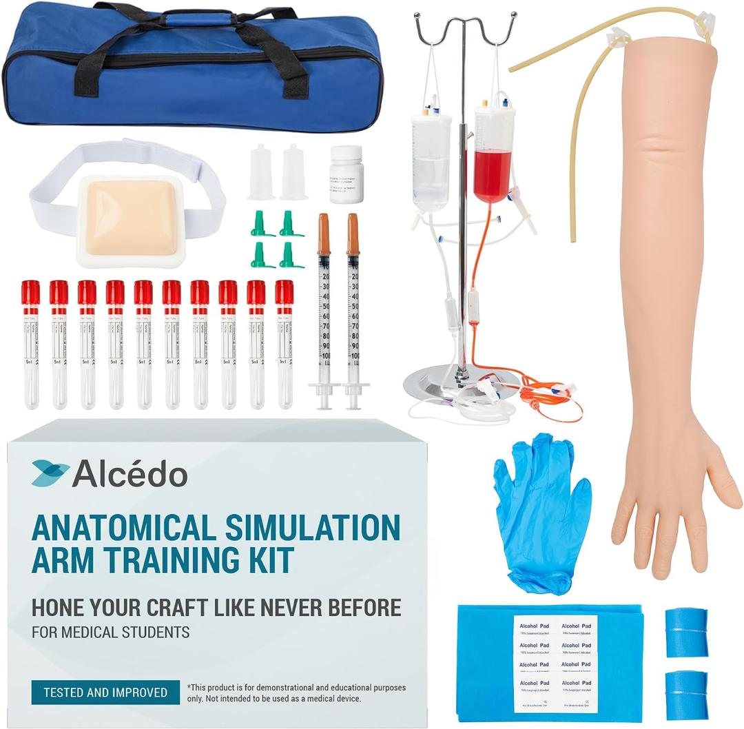 Alcedo Phlebotomy Practice Kit, Complete Venipuncture and Injection IV Practice Essentials, Realistic Training Arm with Stand & Carry Bag, Light Skin, for Medical Students & Educational Use Only