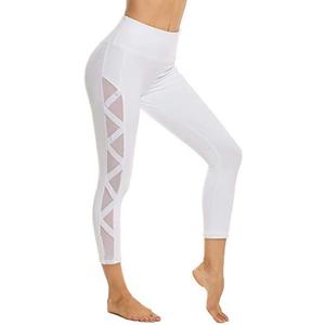 romansong High Waisted Workout Compression Capri Leggings for Women Petite Skinny Mesh Gym Legings with Pockets(White, XS)