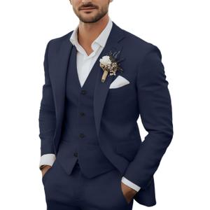 Men's 3 Piece Linen Suits Casual Lightweight Blazer Jackets Vest Pants Set for Wedding Business Prom Suit (Deep Blue) XXXL