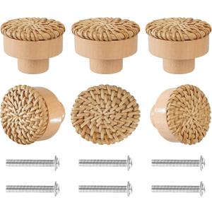 6 Pack Boho Dresser Knobs and Screws Diameter 1.6in Made of a Combination Durable Beech Wood and Hand Woven Rattan Pieces