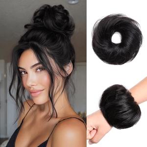 Messy Bun Hair Piece 100% Real Human Hair Chignons Scrunchie Tousled Fluffy Bun Scrunchie Wig Stretchy Band Messy Buns Hair Clip Fake Messy Hair Buns Hair Pieces for Women Black