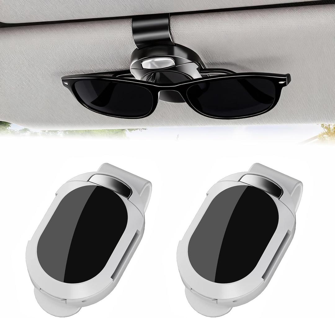 2 Pack Car Visor Sunglasses Holder (White) | Universal Anti-Scratch Clip, Secure & Easy-Access Storage for Sunglasses, Car Visor Accessories Gadgets
