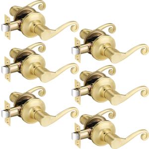 6 Pack Gold Door Handles, Wave Style Door Lever PassageDoor Handle, Keyless Interior Lever for Hallway and Closet, Satin Brass Finish