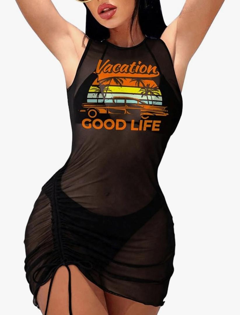 WDIRARA Women's 3 Pieces Swimsuit Bathing Suit Halter Bikini Set with Sheer Cover Up Dress S