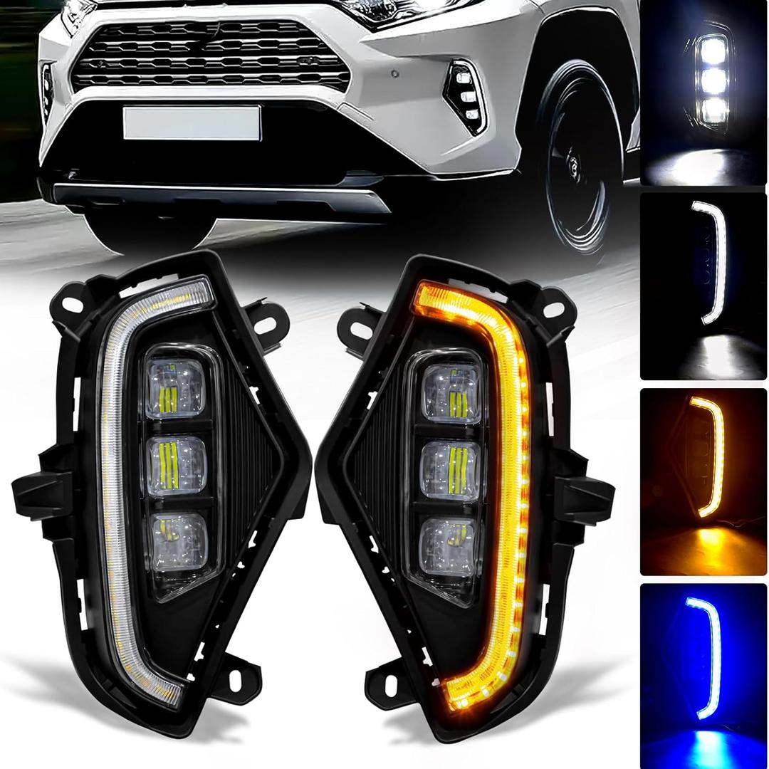 LED Fog Lights with 3 Colors DRL for Toyota Rav4 2019-2025, White LED Daytime Running light, Amber Turn Signal,Blue Lights for Nights, Fog Lamp Assembly kit with Bezel,Include Wiring Harness