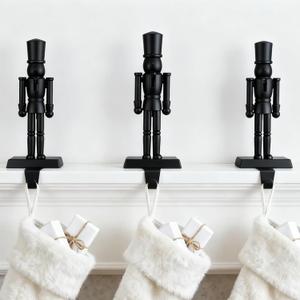 Leinuosen 3 PCS Nutcracker Stocking Holder - Christmas Fireplace Mantel Metal Stocking Display Hanger Hooks 8 inch with Black Wooden Nutcracker Figures for Xmas Winter Seasonal Home Decoration