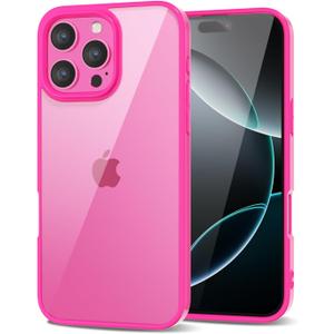 for iPhone 16 Pro Case Clear, Transparent Hybrid 16 Pro Phone Case [Hard Plastic & Soft Silicone Bumper] Acrylic Non Yellowing Thin Slim Protective Cover for Women, Neon Hot Pink