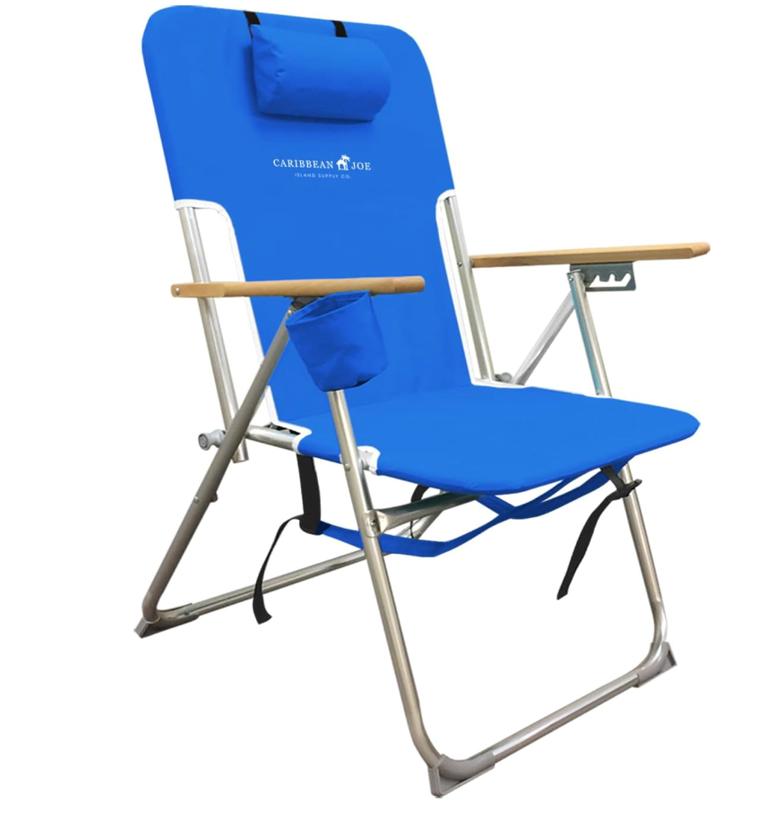 Caribbean Joe Folding Beach Chair, 4 Position Portable Backpack Foldable Camping Chair with Headrest, Cup Holder, and Wooden Armrests, Blue