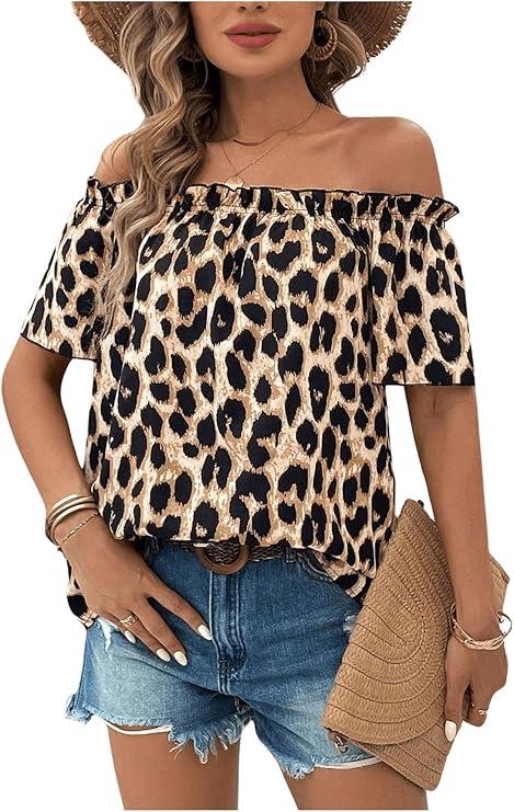 SweatyRocks Women's Off The Shoulder Leopard Print Blouses Summer Short Sleeve Tops Going Out, Size M