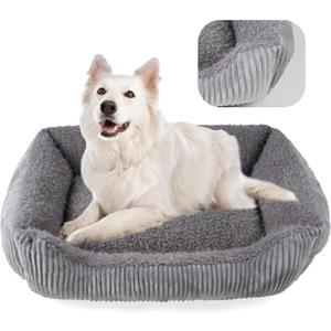 YUNIQUE Large Dog Bed - Plush Corduroy, Anti-Slip Bottom, Soft and Cozy for Dogs (Grey, Large)