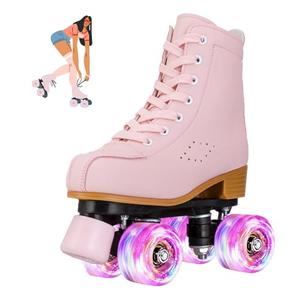 jessie Roller Skates for Girl and Women, PU Leather Light up Kids Roller Skates, Cute Adjustable Four-Wheel Beginner Youth Roller Skates Girls Outdoor Indoor (Youth 3.5, Pink),
