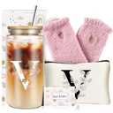 Unique Initial Glass Cup with Lids and Straws, Monogrammed Gifts Box Included Makeup Bag, Valentines Day Mothers Day Birthday Gifts for Women Mom Sister Grandma, V
