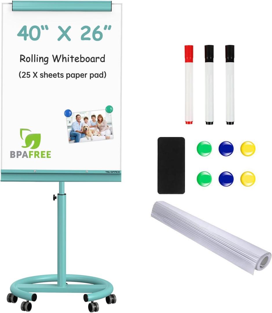 TSJ OFFICE Rolling Whiteboard Standing - 40 x 26 Inches Mobile White Board | Magnetic Dry Erase Easel with Stand/Writing Angle & Height Adjustable/Dry Erase Board on Wheels/Paper Clamp/Light Blue Framed