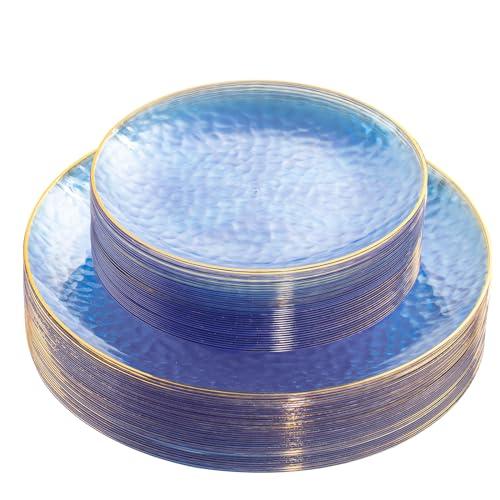 Rubtlamp 60Pcs Clear Blue Plastic Plates, Hammered Blue Plates, Clear Fancy Disposable Plates With Gold Rim Include 30 Dessert Plates, 30 Dinner Plates for Party