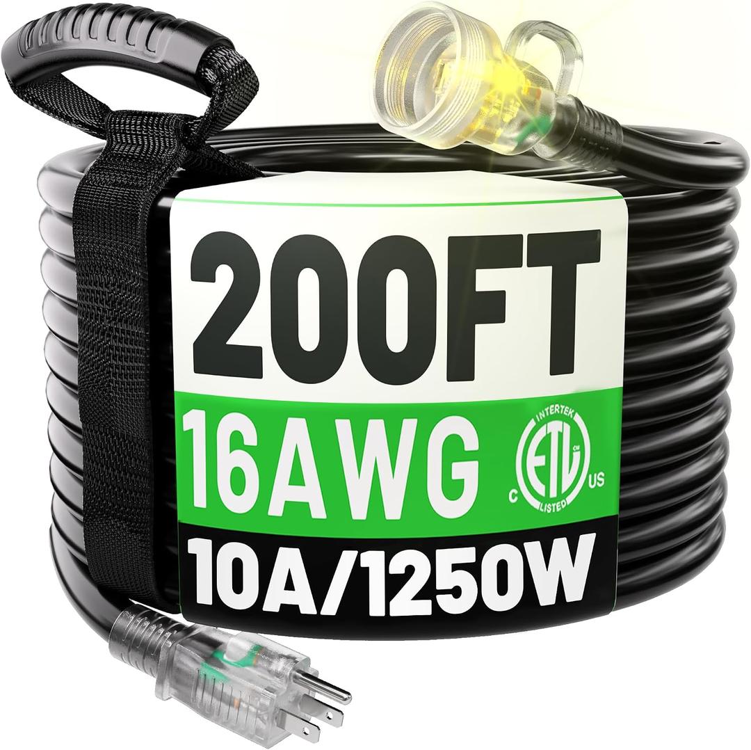 POWGRN 200FT 16 Gauge Black Outdoor Extension Cord Waterproof, 3 Prong Flexible Cold Weatherproof -58 Extension Cord, 10 AMP 1250W SJTW, ETL Listed