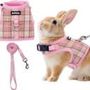 AIITLE Breathable Rabbit Harness and Leash Set - Plaid Pattern Padded Vest with Magic Tape Design, Dual D-Rings, Adjustable for Small Animal Pets, Indoor Outdoor Training Camping, Pink M