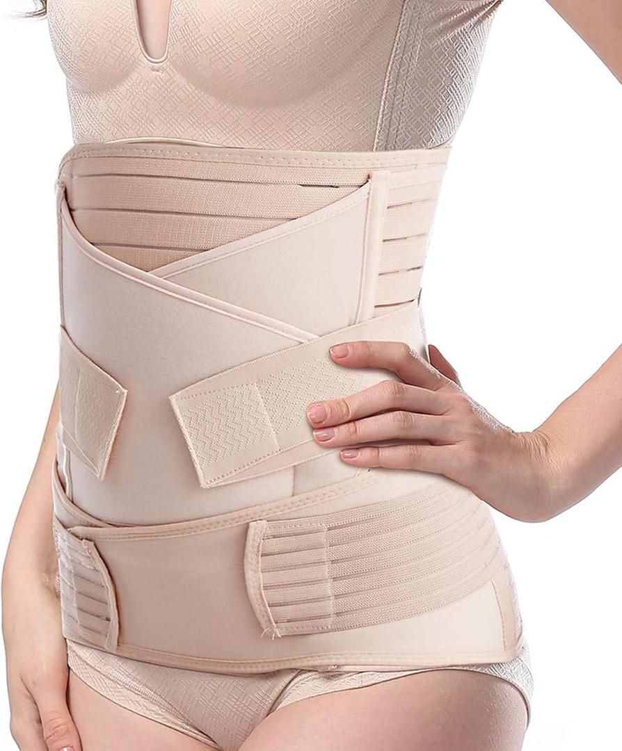 TiRain 3 in 1 Postpartum Belly Support Recovery Belly/Waist/Pelvis Belt C Section Postpartum Belly Wrap Band Corset waist trainer (One Size, Nude)